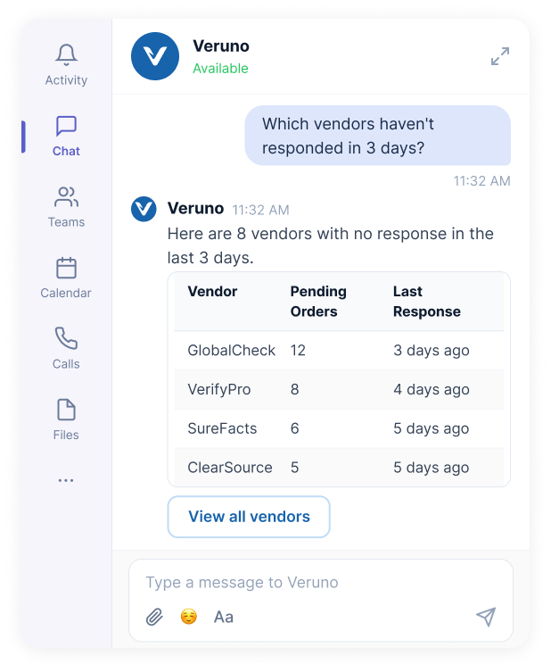 Bring Veruno intelligence to your Microsoft Teams workflow Bring Veruno intelligence to your Microsoft Teams workflow